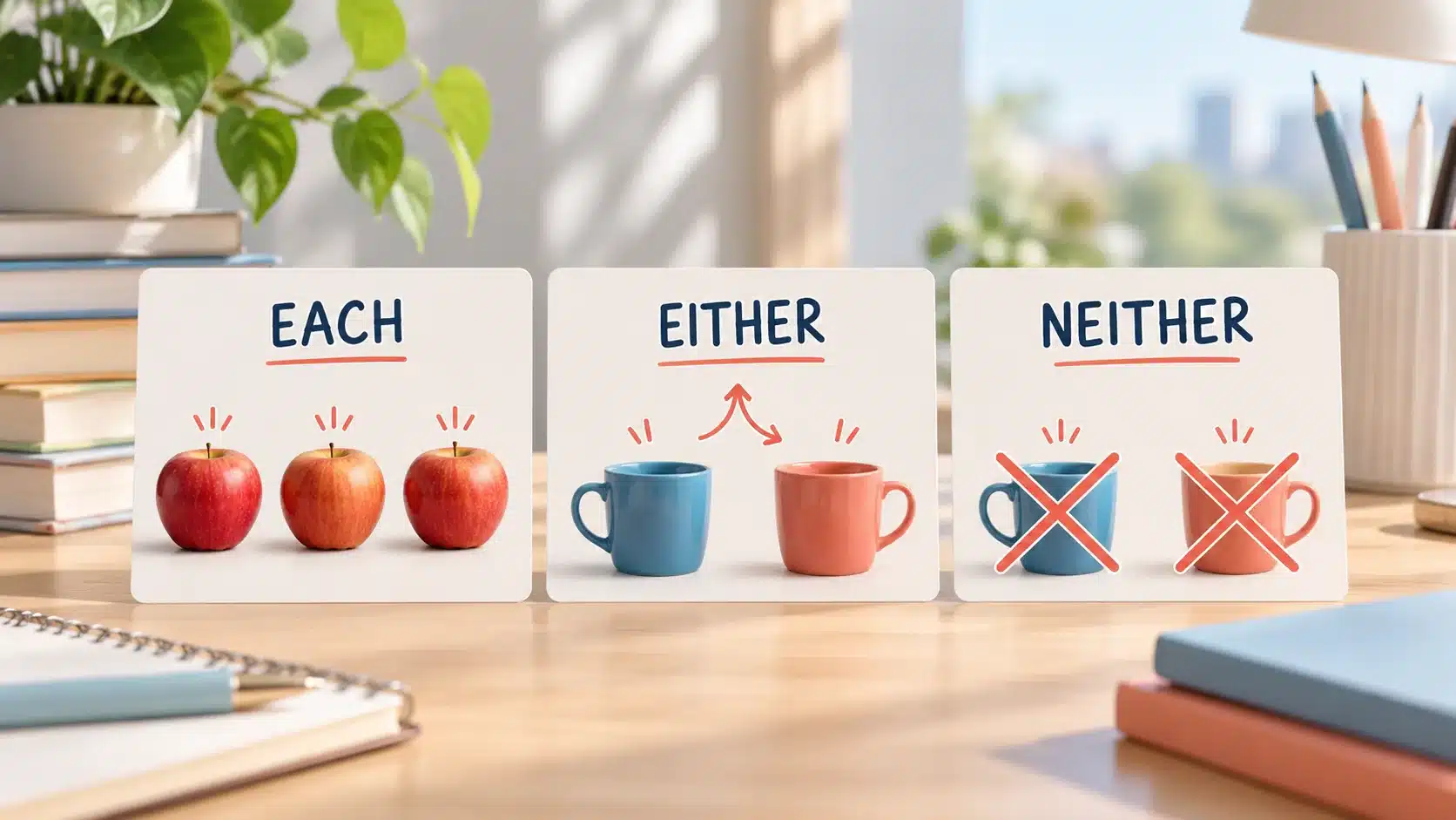 ภาพสรุปความหมาย each either neither แยกสมาชิก เลือกหนึ่งจากสอง และไม่เลือกทั้งสอง