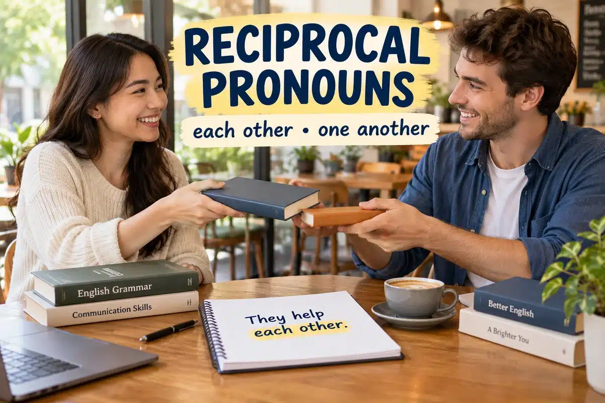 ผู้เรียนสองคนแลกหนังสือกันพร้อมตัวอย่างประโยค They help each other ในบทเรียน reciprocal pronouns