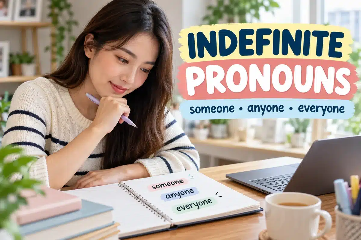 ผู้เรียนกำลังอ่านโน้ตคำศัพท์ someone anyone everyone เรื่อง indefinite pronouns